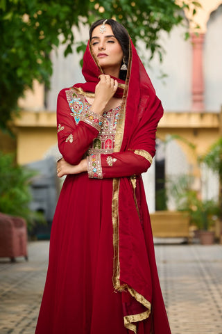 Maroon Embroidered Faux Blooming Anarkali Gown Set with Sequin & Multi-Thread Work | V-Neck | Full Sleeves | Dupatta Included ClothsVilla