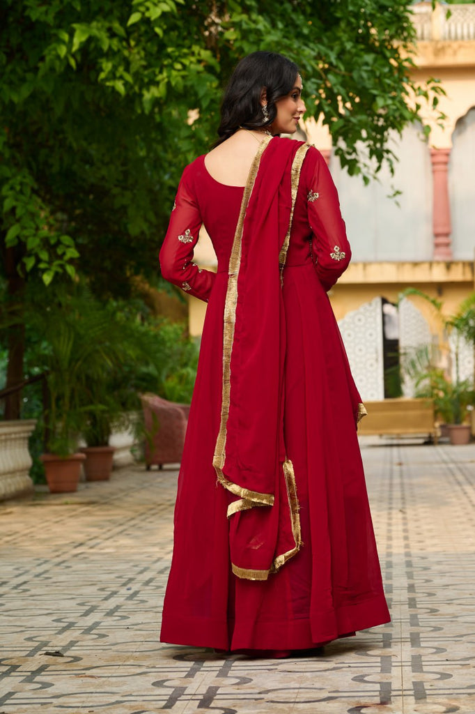 Maroon Embroidered Faux Blooming Anarkali Gown Set with Sequin & Multi-Thread Work | V-Neck | Full Sleeves | Dupatta Included ClothsVilla