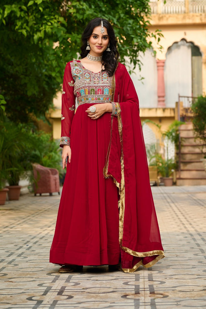 Maroon Embroidered Faux Blooming Anarkali Gown Set with Sequin & Multi-Thread Work | V-Neck | Full Sleeves | Dupatta Included ClothsVilla