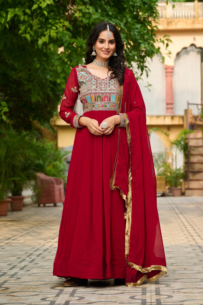 Maroon Embroidered Faux Blooming Anarkali Gown Set with Sequin & Multi-Thread Work | V-Neck | Full Sleeves | Dupatta Included ClothsVilla Main image