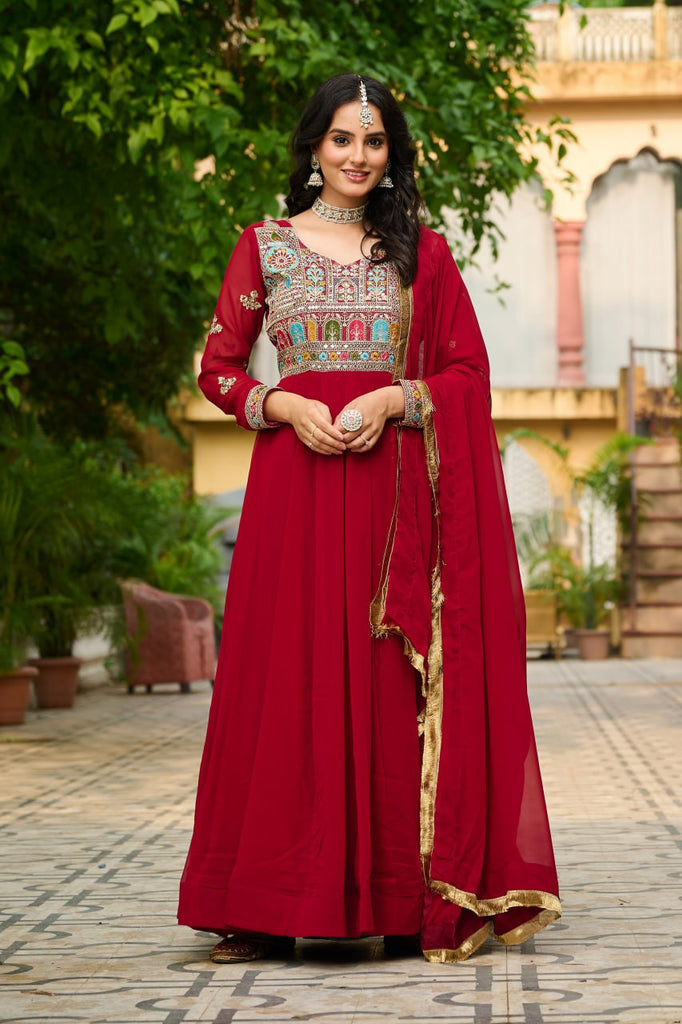 Maroon Embroidered Faux Blooming Anarkali Gown Set with Sequin & Multi-Thread Work | V-Neck | Full Sleeves | Dupatta Included ClothsVilla