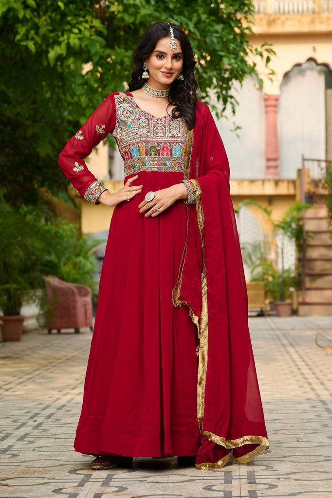 Maroon Embroidered Faux Blooming Anarkali Gown Set with Sequin & Multi-Thread Work | V-Neck | Full Sleeves | Dupatta Included ClothsVilla
