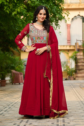Maroon Embroidered Faux Blooming Anarkali Gown Set with Sequin & Multi-Thread Work | V-Neck | Full Sleeves | Dupatta Included ClothsVilla