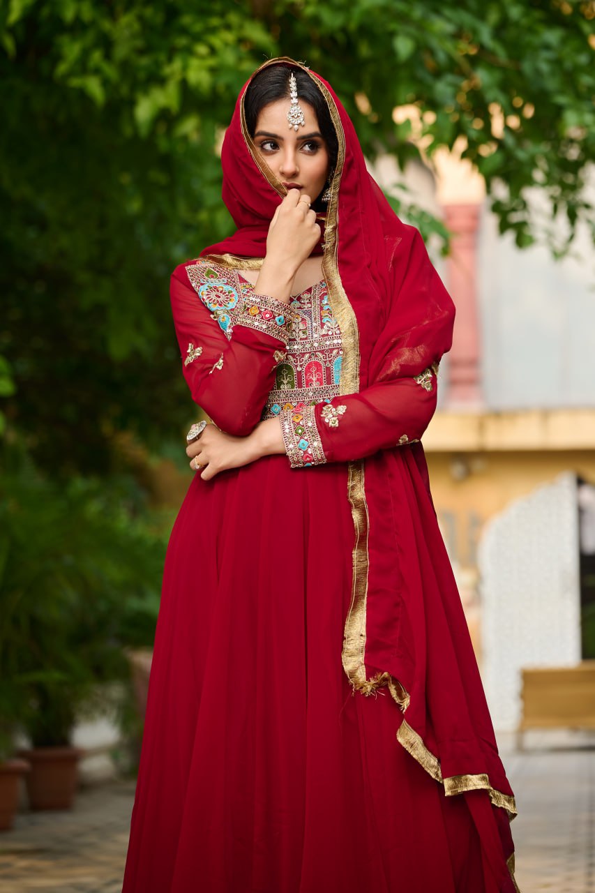 Maroon Embroidered Faux Blooming Anarkali Gown Set with Sequin & Multi-Thread Work | V-Neck | Full Sleeves | Dupatta Included ClothsVilla
