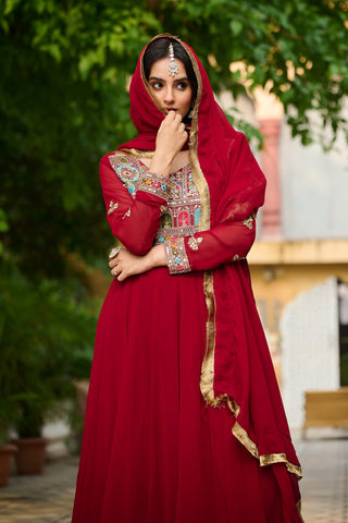 Maroon Embroidered Faux Blooming Anarkali Gown Set with Sequin & Multi-Thread Work | V-Neck | Full Sleeves | Dupatta Included ClothsVilla