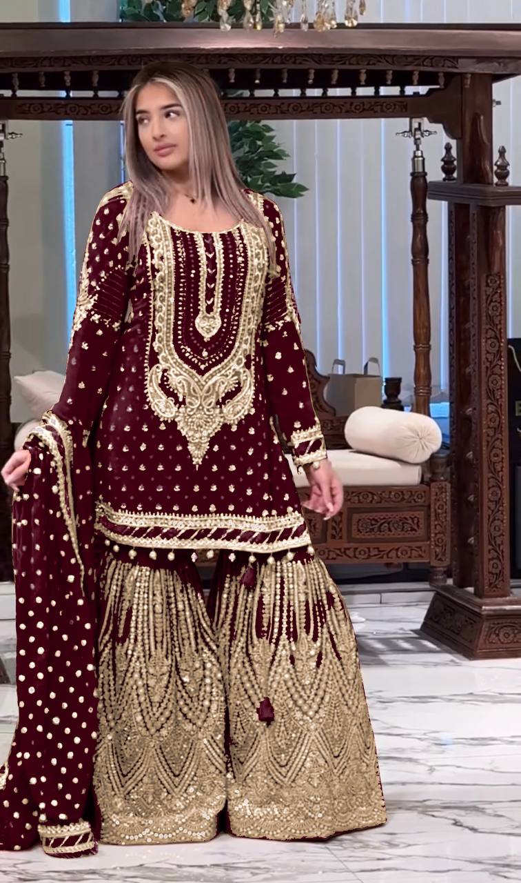 Maroon Embroidered Faux Georgette Plazzo Set with Sequins Work & Lace Dupatta ClothsVilla
