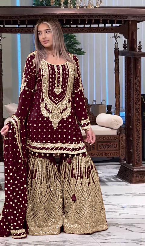 Maroon Embroidered Faux Georgette Plazzo Set with Sequins Work & Lace Dupatta ClothsVilla Main image