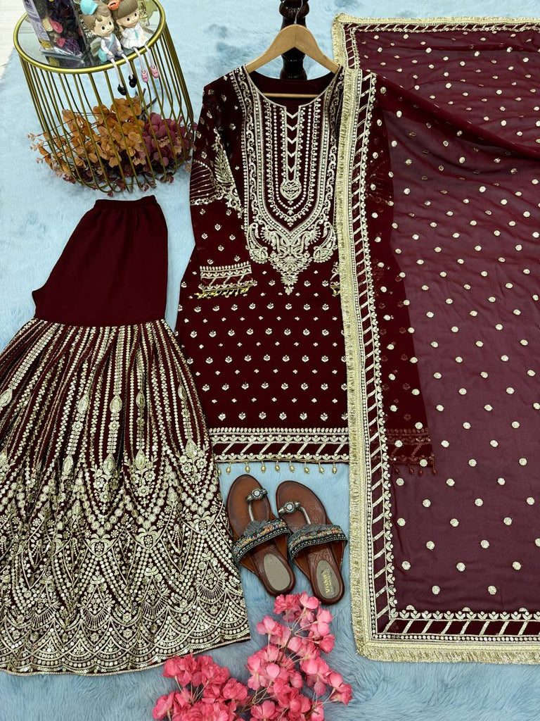 Maroon Embroidered Faux Georgette Plazzo Set with Sequins Work & Lace Dupatta ClothsVilla