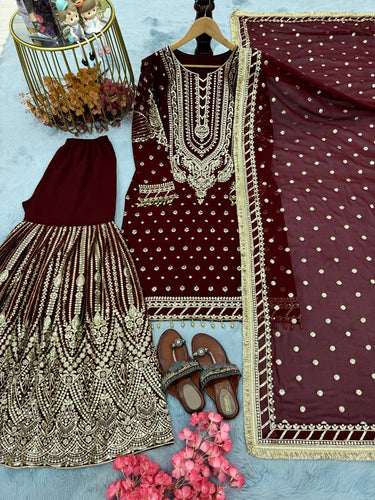 Maroon Embroidered Faux Georgette Plazzo Set with Sequins Work & Lace Dupatta ClothsVilla