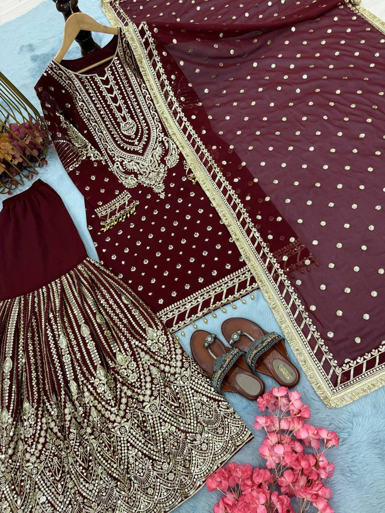 Maroon Embroidered Faux Georgette Plazzo Set with Sequins Work & Lace Dupatta ClothsVilla