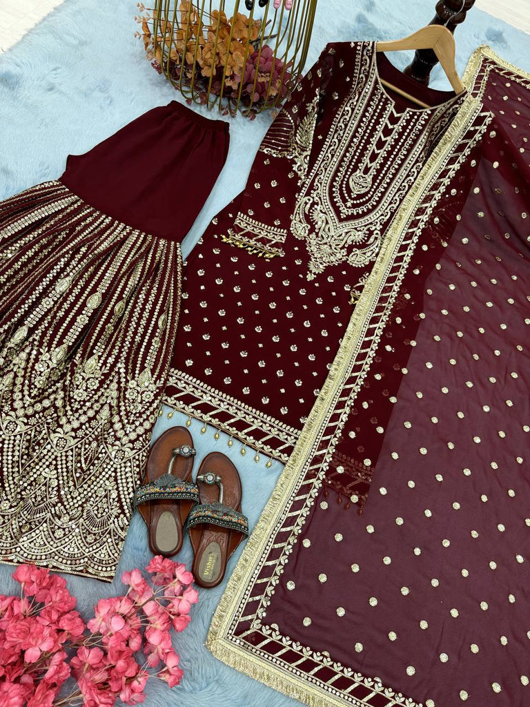 Maroon Embroidered Faux Georgette Plazzo Set with Sequins Work & Lace Dupatta ClothsVilla