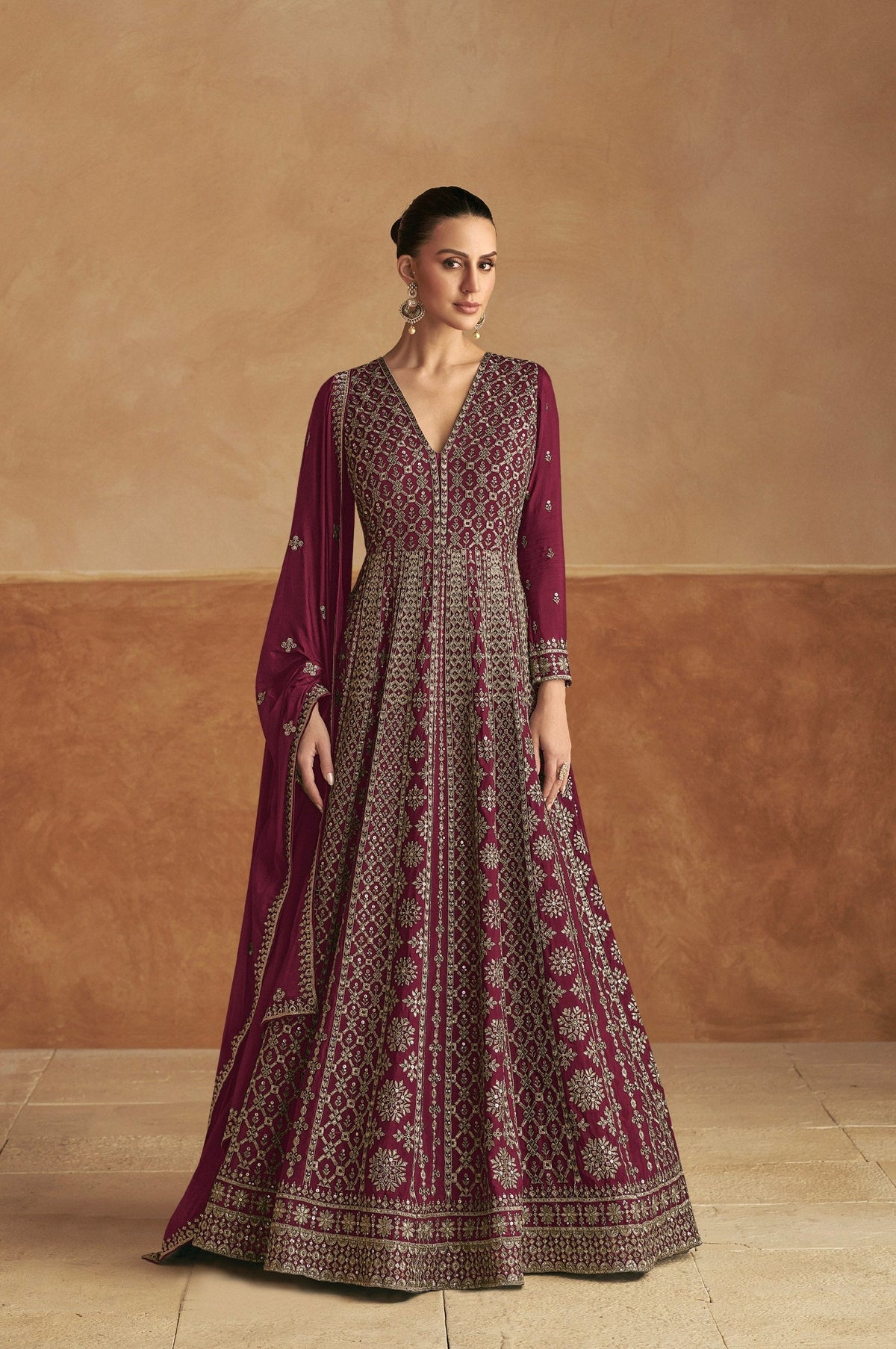 Maroon Embroidered Gown with Dupatta ClothsVilla Main image
