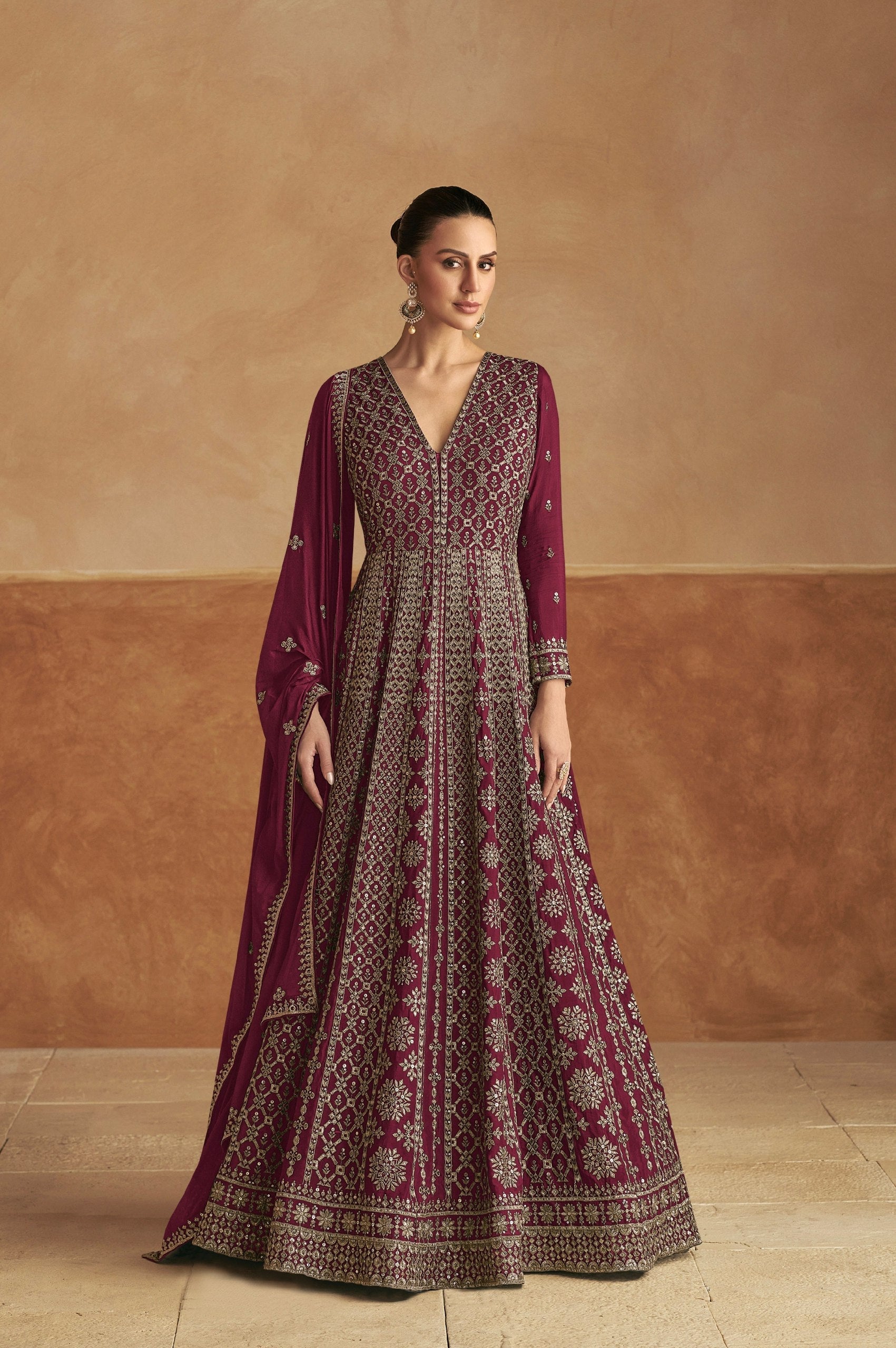 Maroon Embroidered Gown with Dupatta ClothsVilla Main image