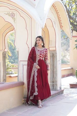 Faux Blooming Maroon Embroidered Gown with Viscose Jacquard & Dupatta ClothsVilla