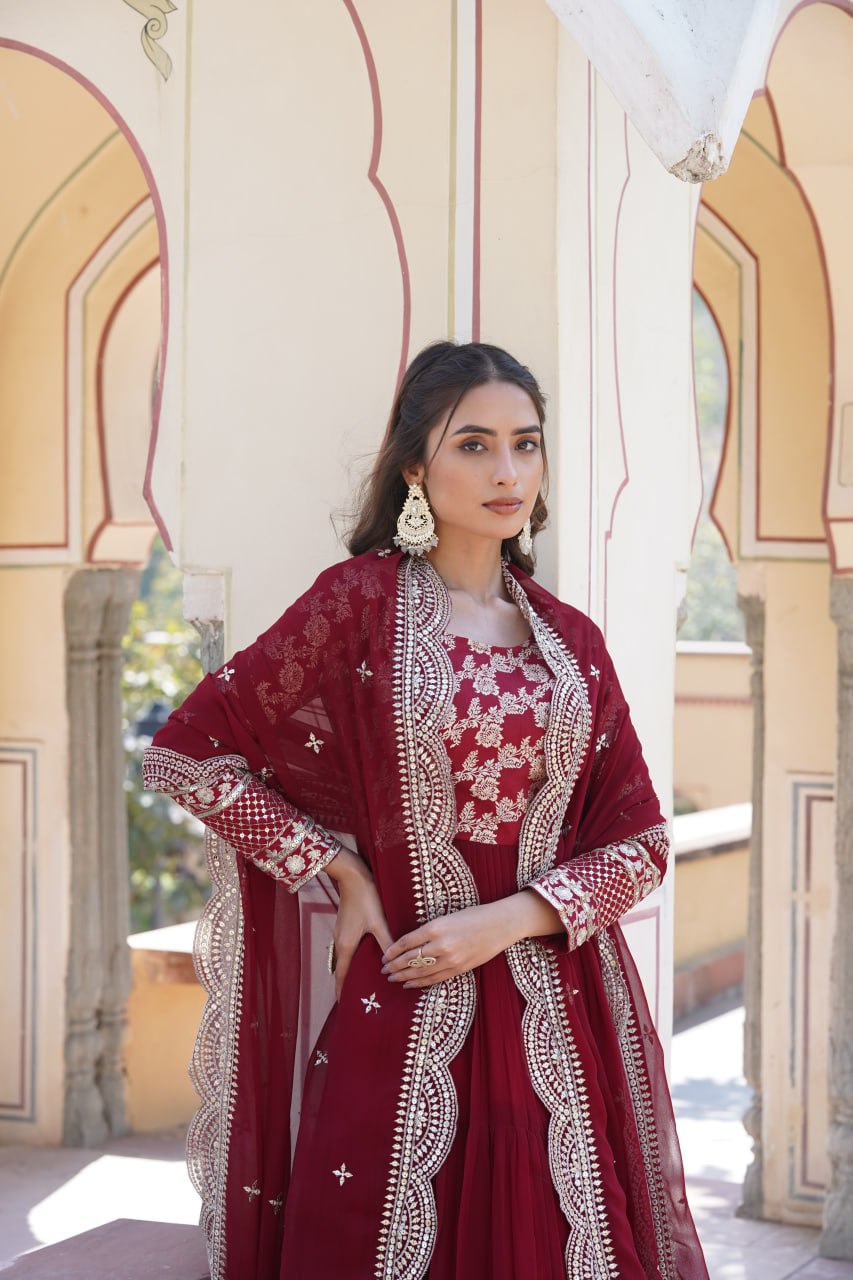 Faux Blooming Maroon Embroidered Gown with Viscose Jacquard & Dupatta ClothsVilla