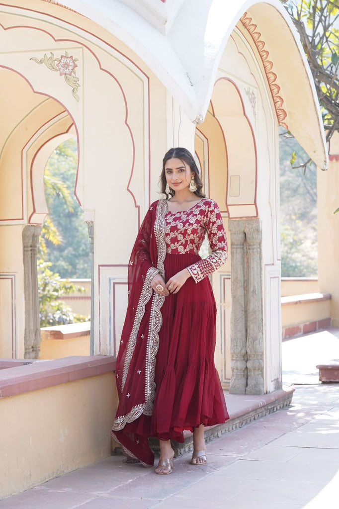 Faux Blooming Maroon Embroidered Gown with Viscose Jacquard & Dupatta ClothsVilla