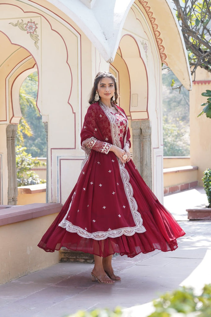 Faux Blooming Maroon Embroidered Gown with Viscose Jacquard & Dupatta ClothsVilla