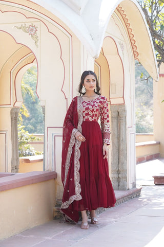 Faux Blooming Maroon Embroidered Gown with Viscose Jacquard & Dupatta ClothsVilla