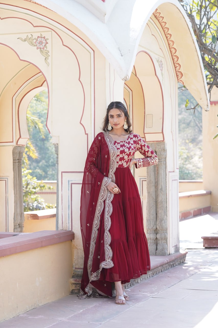 Faux Blooming Maroon Embroidered Gown with Viscose Jacquard & Dupatta ClothsVilla