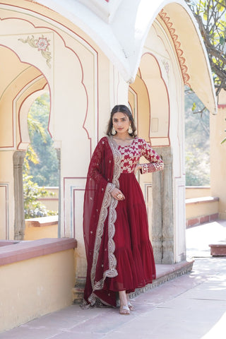 Faux Blooming Maroon Embroidered Gown with Viscose Jacquard & Dupatta ClothsVilla