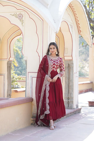Faux Blooming Maroon Embroidered Gown with Viscose Jacquard & Dupatta ClothsVilla