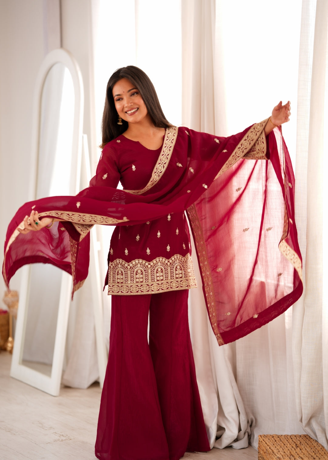 Maroon Embroidered Kurta with Bell Bottom Pant ClothsVilla