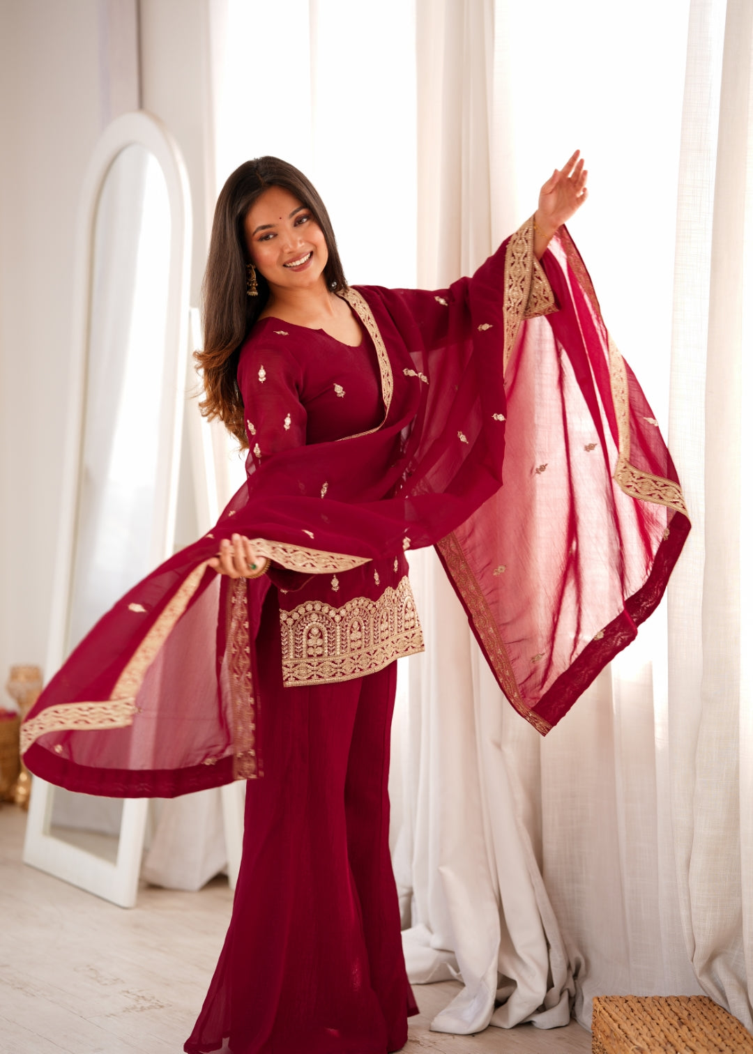 Maroon Embroidered Kurta with Bell Bottom Pant ClothsVilla