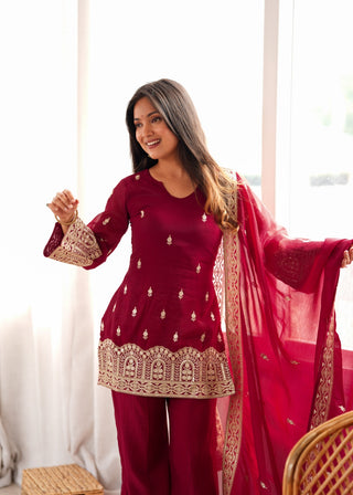 Maroon Embroidered Kurta with Bell Bottom Pant ClothsVilla