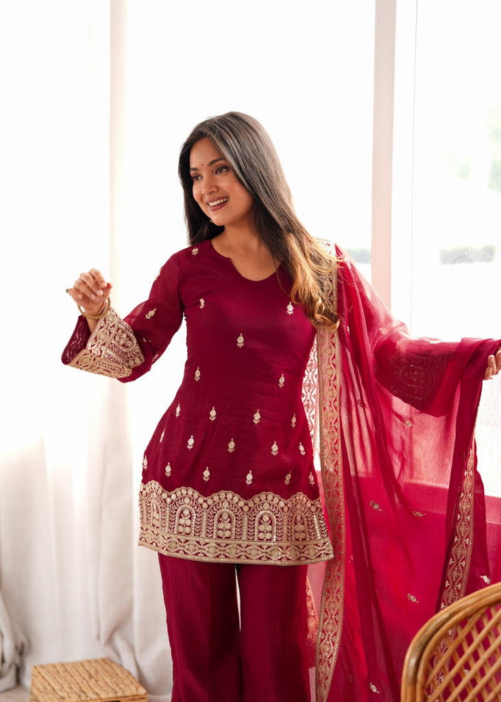 Maroon Embroidered Kurta with Bell Bottom Pant ClothsVilla