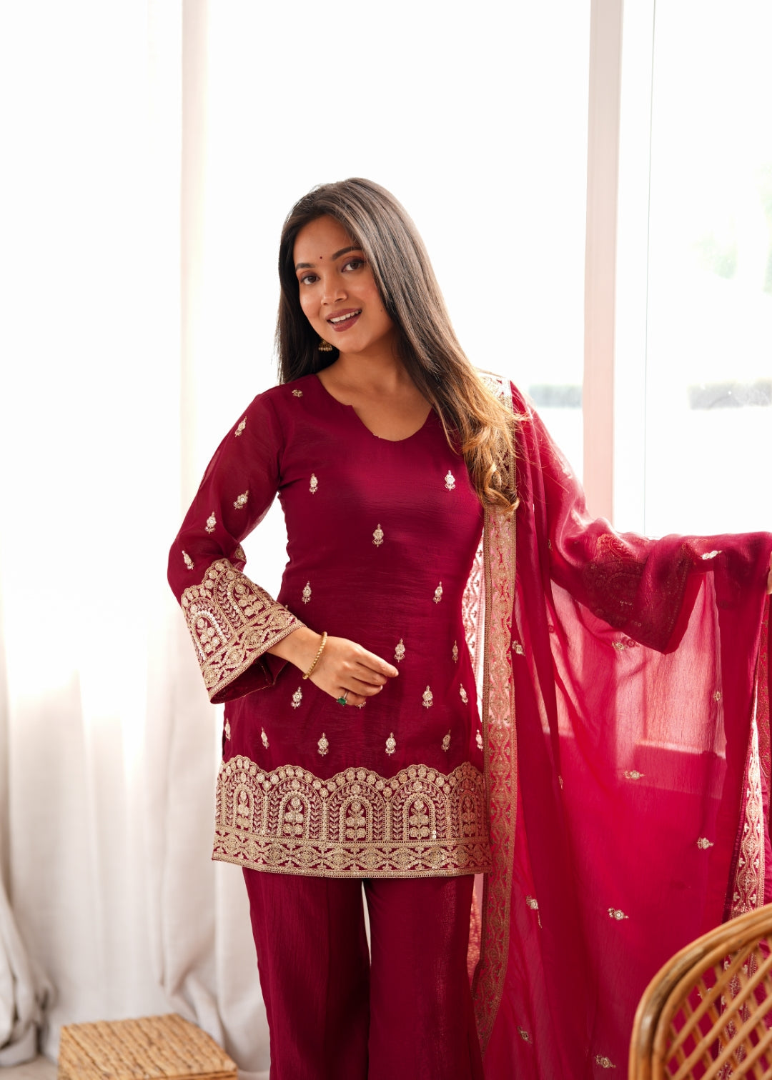 Maroon Embroidered Kurta with Bell Bottom Pant ClothsVilla