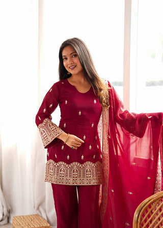 Maroon Embroidered Kurta with Bell Bottom Pant ClothsVilla