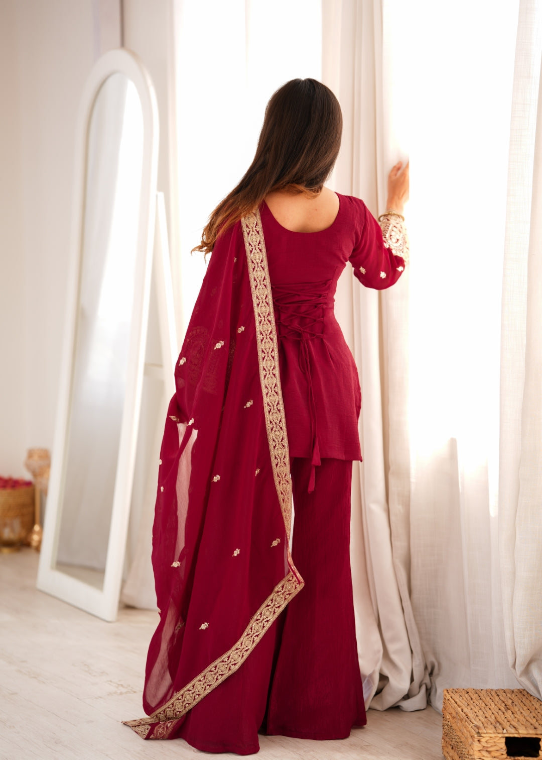 Maroon Embroidered Kurta with Bell Bottom Pant ClothsVilla