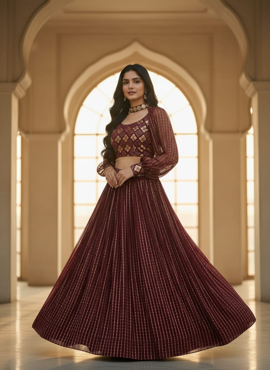 Maroon Embroidered Lehenga Set ClothsVilla