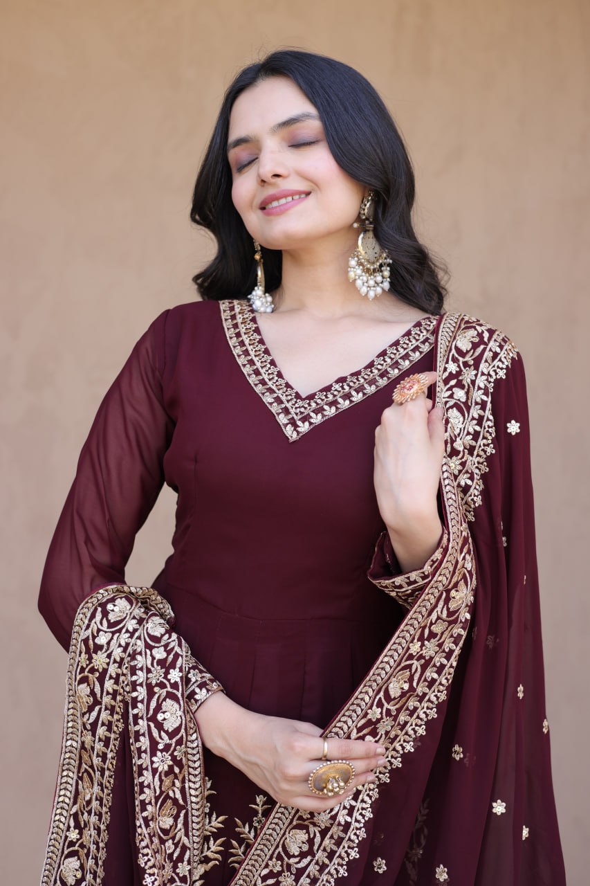 Maroon Embroidered Multi-Sequin Gown ClothsVilla