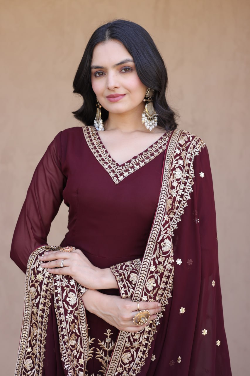 Maroon Embroidered Multi-Sequin Gown ClothsVilla