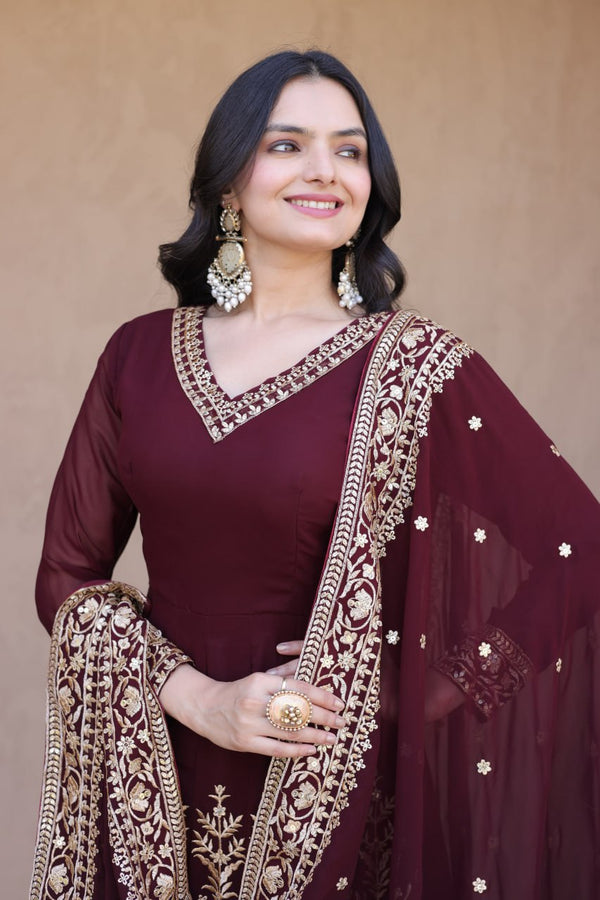 Maroon Embroidered Multi-Sequin Gown ClothsVilla