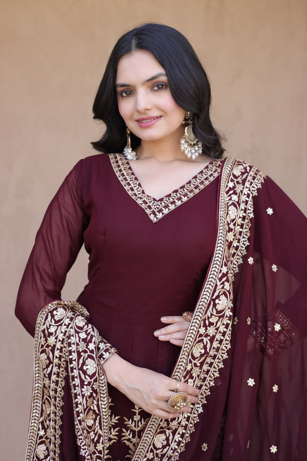 Maroon Embroidered Multi-Sequin Gown ClothsVilla
