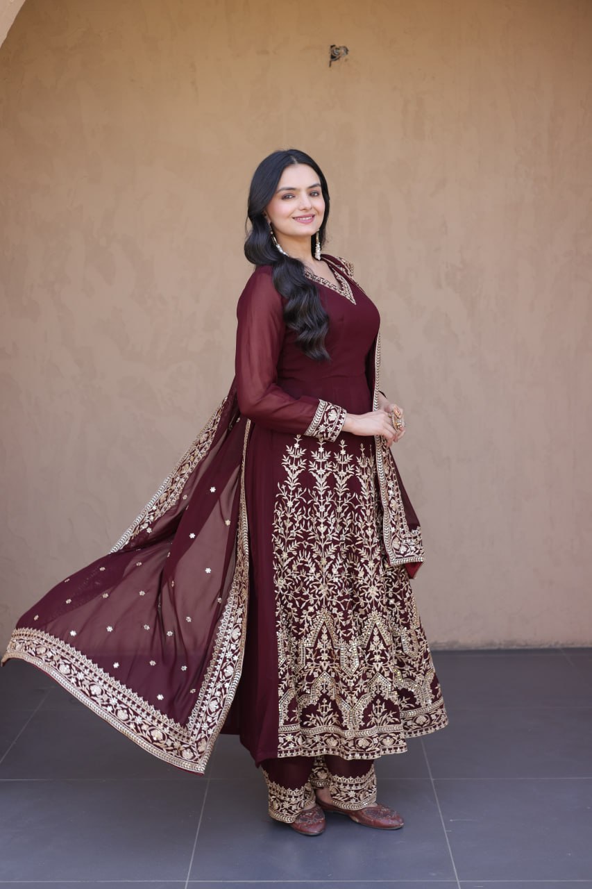 Maroon Embroidered Multi-Sequin Gown ClothsVilla