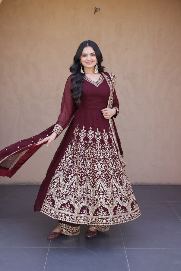 Maroon Embroidered Multi-Sequin Gown ClothsVilla