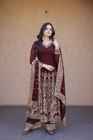 Maroon Embroidered Multi-Sequin Gown ClothsVilla