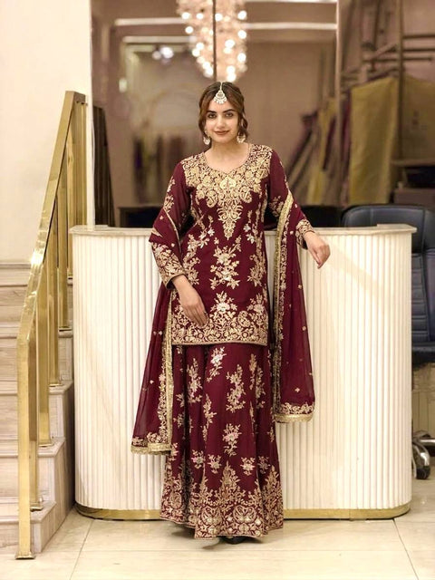Maroon Embroidered Palazzo Suit ClothsVilla Main image