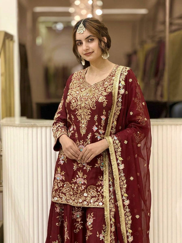 Maroon Embroidered Palazzo Suit ClothsVilla