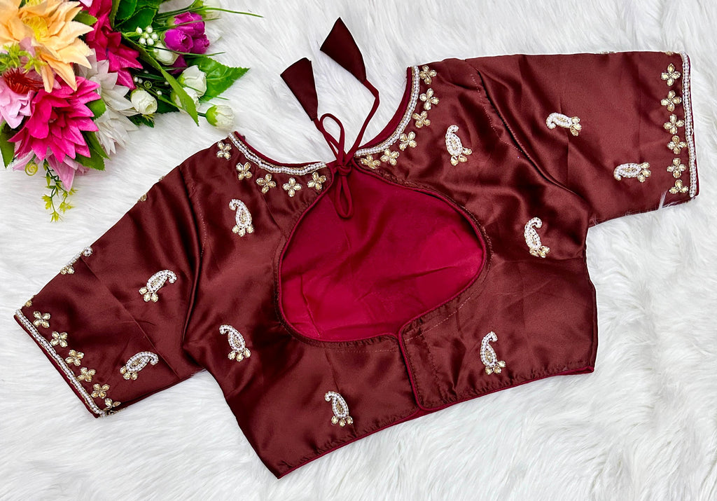 Maroon Exquisite Hand-Embroidered Methu Silk Blouse ClothsVilla