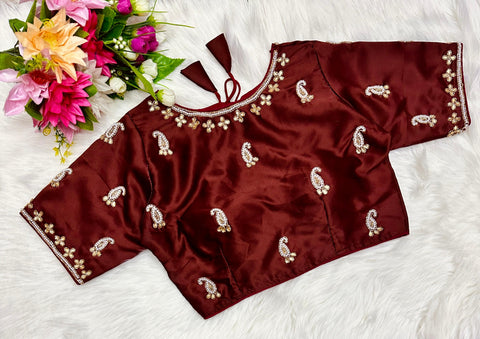 Maroon Exquisite Hand-Embroidered Methu Silk Blouse ClothsVilla Main image