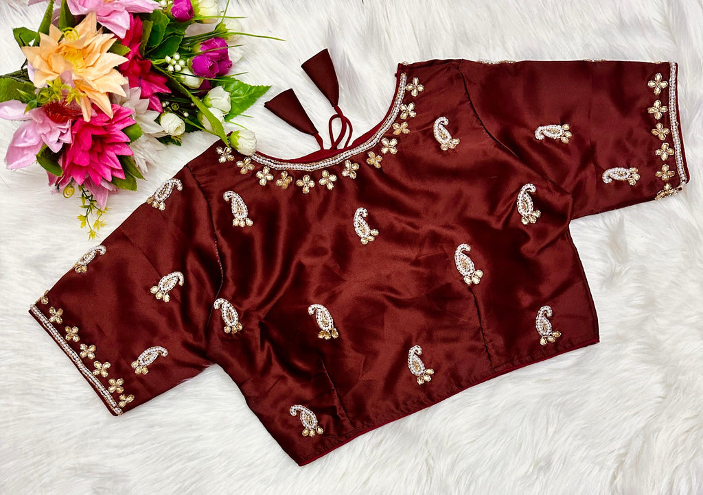 Maroon Exquisite Hand-Embroidered Methu Silk Blouse ClothsVilla