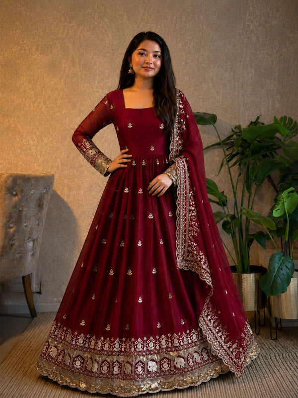 Maroon Fandy Embroidered Anarkali Gown ClothsVilla