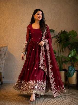 Maroon Fandy Embroidered Anarkali Gown ClothsVilla