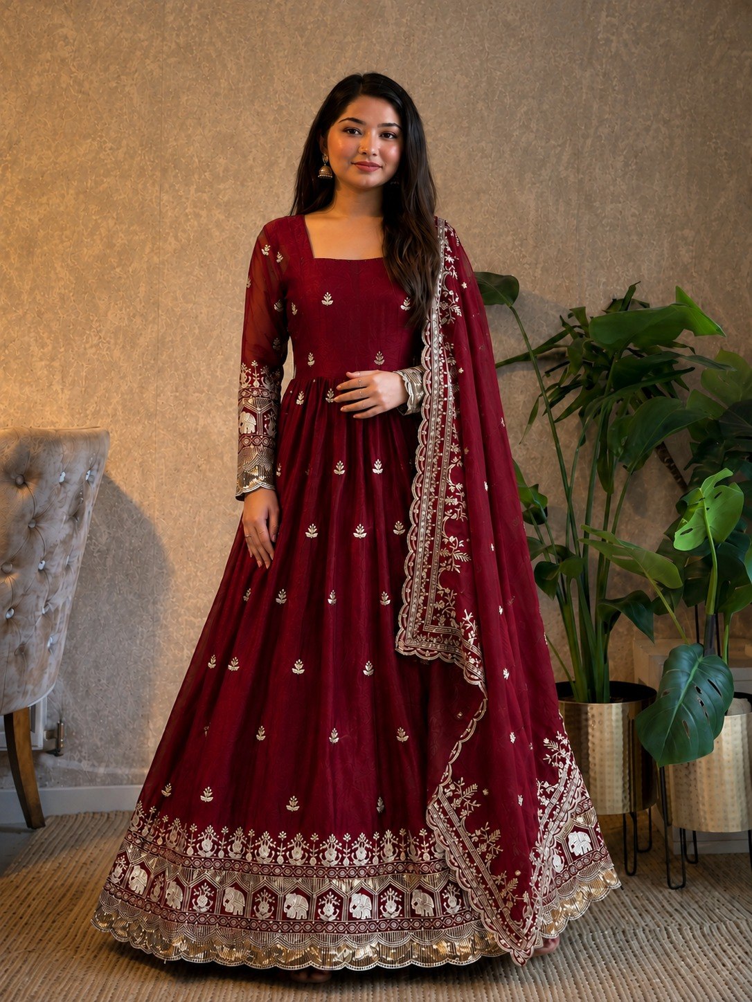 Maroon Fandy Embroidered Anarkali Gown ClothsVilla