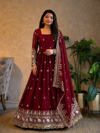 Maroon Fandy Embroidered Anarkali Gown ClothsVilla