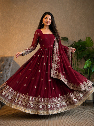 Maroon Fandy Embroidered Anarkali Gown ClothsVilla